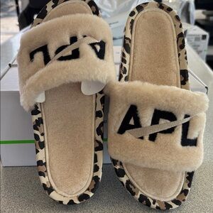 APL Shearling Slide Sandals in Parchment Leopard Print Trim